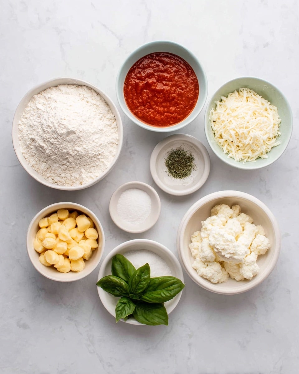 The image shows nine bowls arranged neatly on a white marbled surface. At the top center is a large white bowl filled with white flour. To its right is a medium white bowl with a rich red tomato sauce. Below the sauce is a tiny white bowl with green dried herbs. Centered below the flour is a small white bowl with salty white powder, and to its left is another small white bowl with an off-white powder, likely baking powder. In the bottom left, a white bowl holds small yellow cheese cubes, while to the right of it is a white bowl with a creamy, crumbly white cheese. Above these is a medium white bowl containing beaten eggs. At the bottom center, there is a small round dish with fresh green basil leaves. The bowls and dish are placed on a clean surface with soft natural light highlighting their contents. photo taken with an iphone --ar 4:5 --v 7