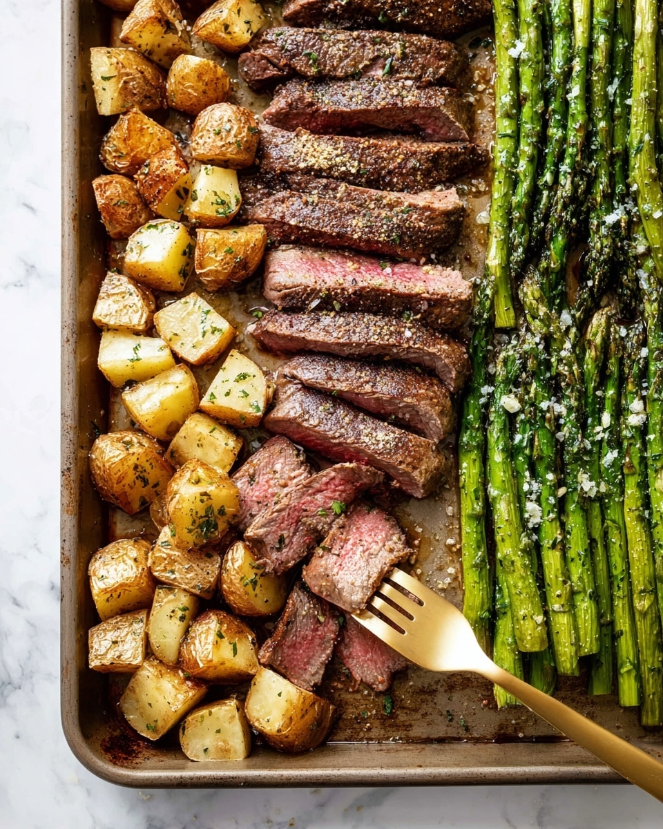 A close-up view of a rectangular baking tray with three sections of food: at the bottom, a layer of golden brown roasted potato chunks with crispy edges; in the middle, medium-cooked steak slices showing a pink center with a seasoning crust; at the top, bright green roasted asparagus spears sprinkled with herbs and coarse salt. A gold fork is placed on the right side, touching one steak slice. The tray is set on a white marbled surface. photo taken with an iphone --ar 4:5 --v 7