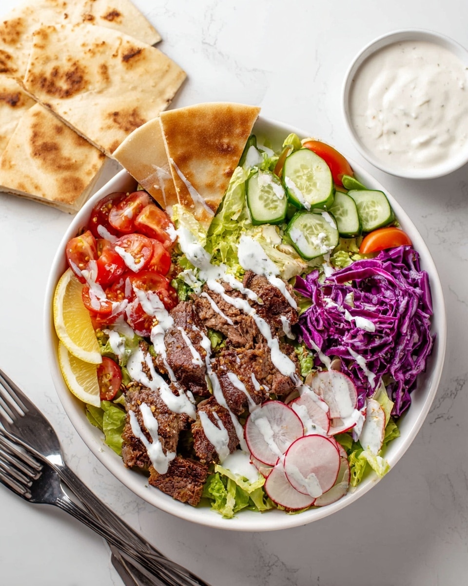A white bowl filled with six main layers: in the bottom left, slices of lemon with dark brown, thin, crispy pieces of meat topped with white sauce drizzled unevenly; above that, light green lettuce leaves mixed with sliced red cherry tomatoes and pale green cucumber slices, all sprinkled with white sauce; next to it on the right, thinly sliced purple cabbage with rounds of red and white radish, again drizzled with white sauce; two triangular pieces of light golden brown toasted flatbread standing upright behind the lettuce; around the bowl on a white marbled surface, extra pita bread pieces and a small white bowl filled with creamy white sauce, and two silver forks lie nearby; the whole scene is bright and clean photo taken with an iphone --ar 4:5 --v 7