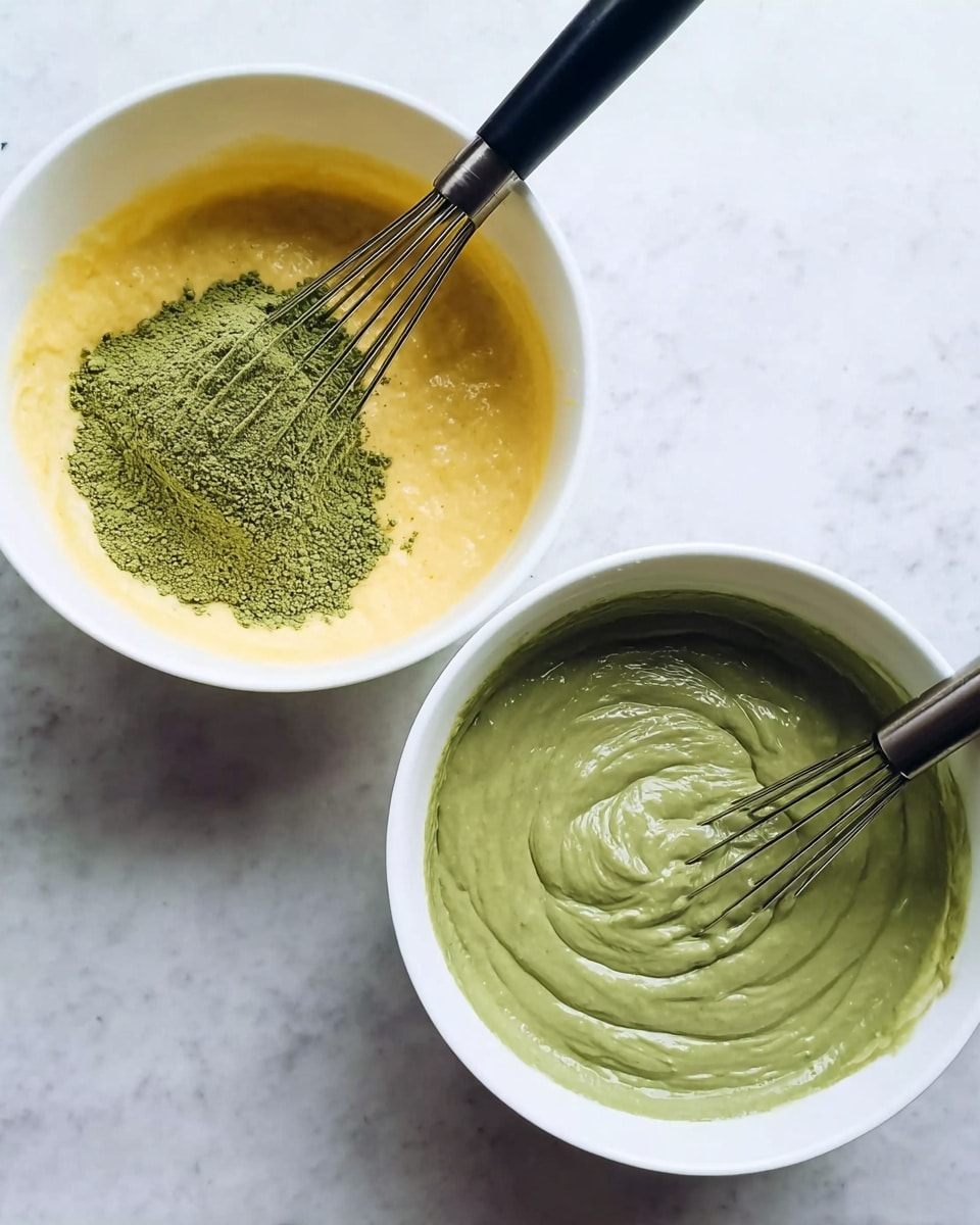 The image shows two white bowls on a white marbled surface. The bowl on the left contains a yellow batter mixed with a pile of green powder on top, with a black whisk resting inside. The bowl on the right displays a smooth, thick green batter evenly stirred with a whisk, showing soft swirling patterns on the surface. photo taken with an iphone --ar 4:5 --v 7