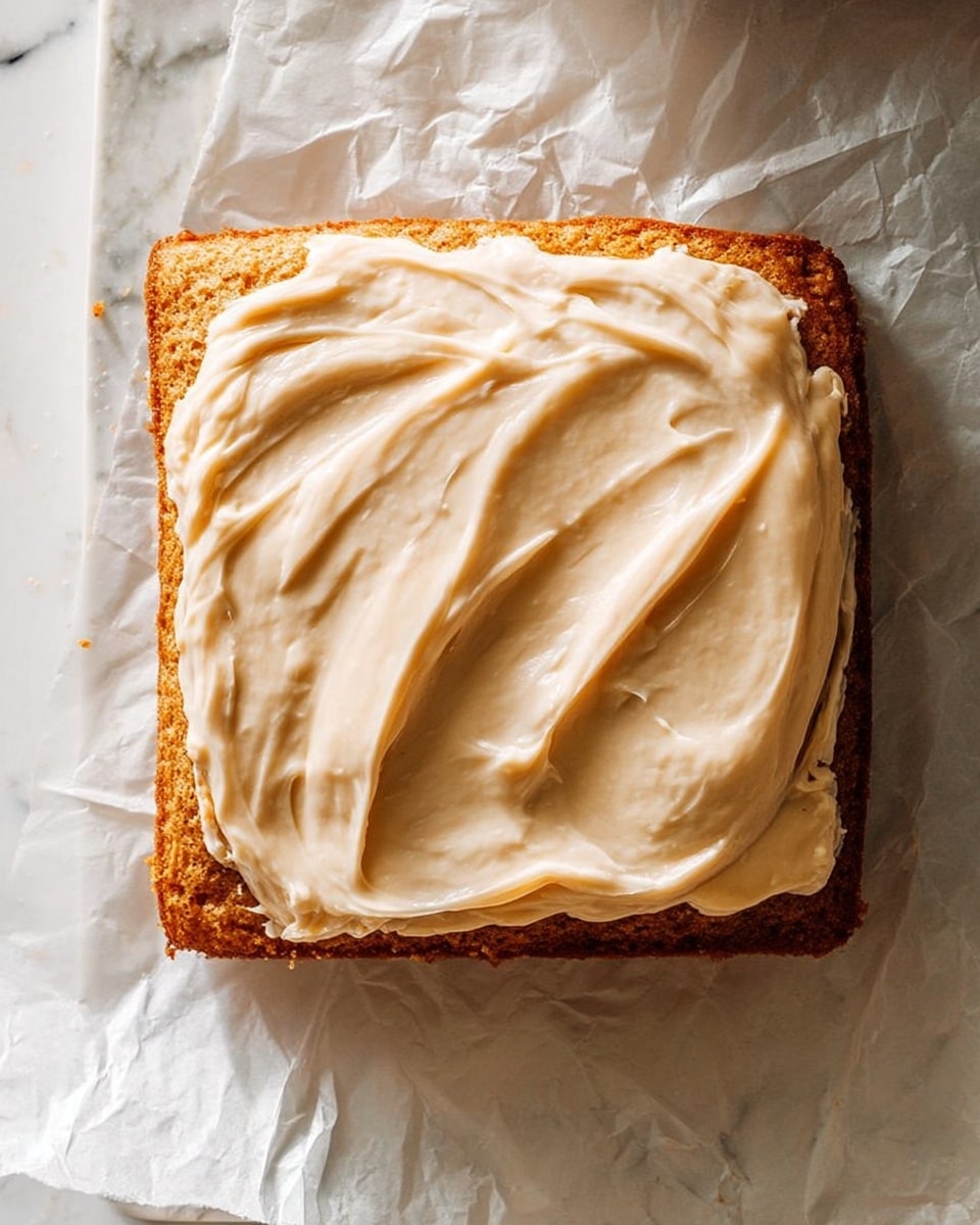 A square cake with a golden brown top sits on a white marbled surface covered with crumpled white parchment paper. The cake has a rough, slightly crispy texture on the edges, showing it is nicely baked. On top, there is one thick layer of smooth, creamy light tan frosting spread unevenly but generously, mostly covering the center area, leaving the edges of the cake visible. The frosting has soft swirls and a shiny appearance, suggesting it is freshly applied. Photo taken with an iphone --ar 4:5 --v 7