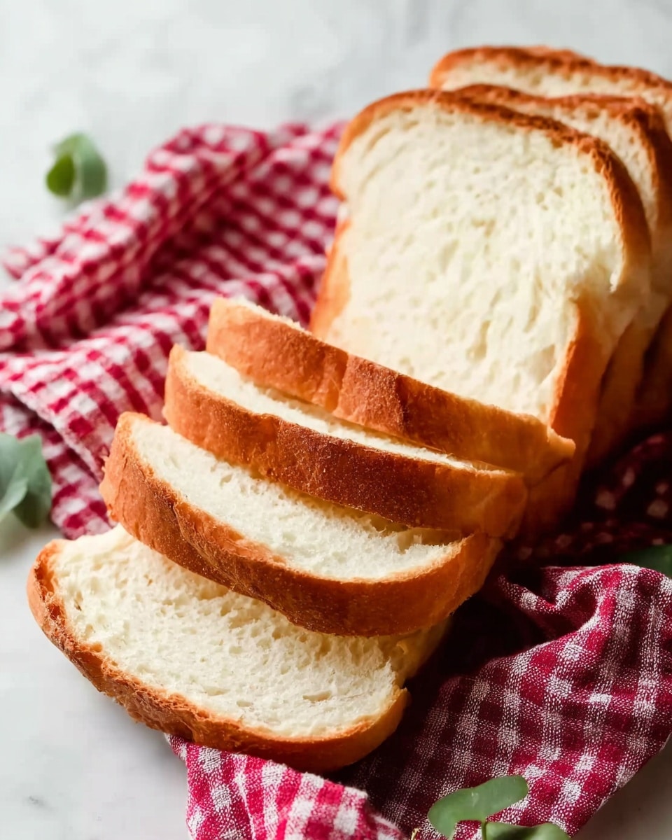The image shows several slices of soft white bread stacked diagonally on a red and white checkered cloth. The slices are thick and fluffy with a golden brown crust and a light, airy inside. The cloth is placed on a white marbled surface, adding a clean and bright background. Some green leaves are lightly scattered near the cloth, adding a fresh touch. Photo taken with an iphone --ar 4:5 --v 7