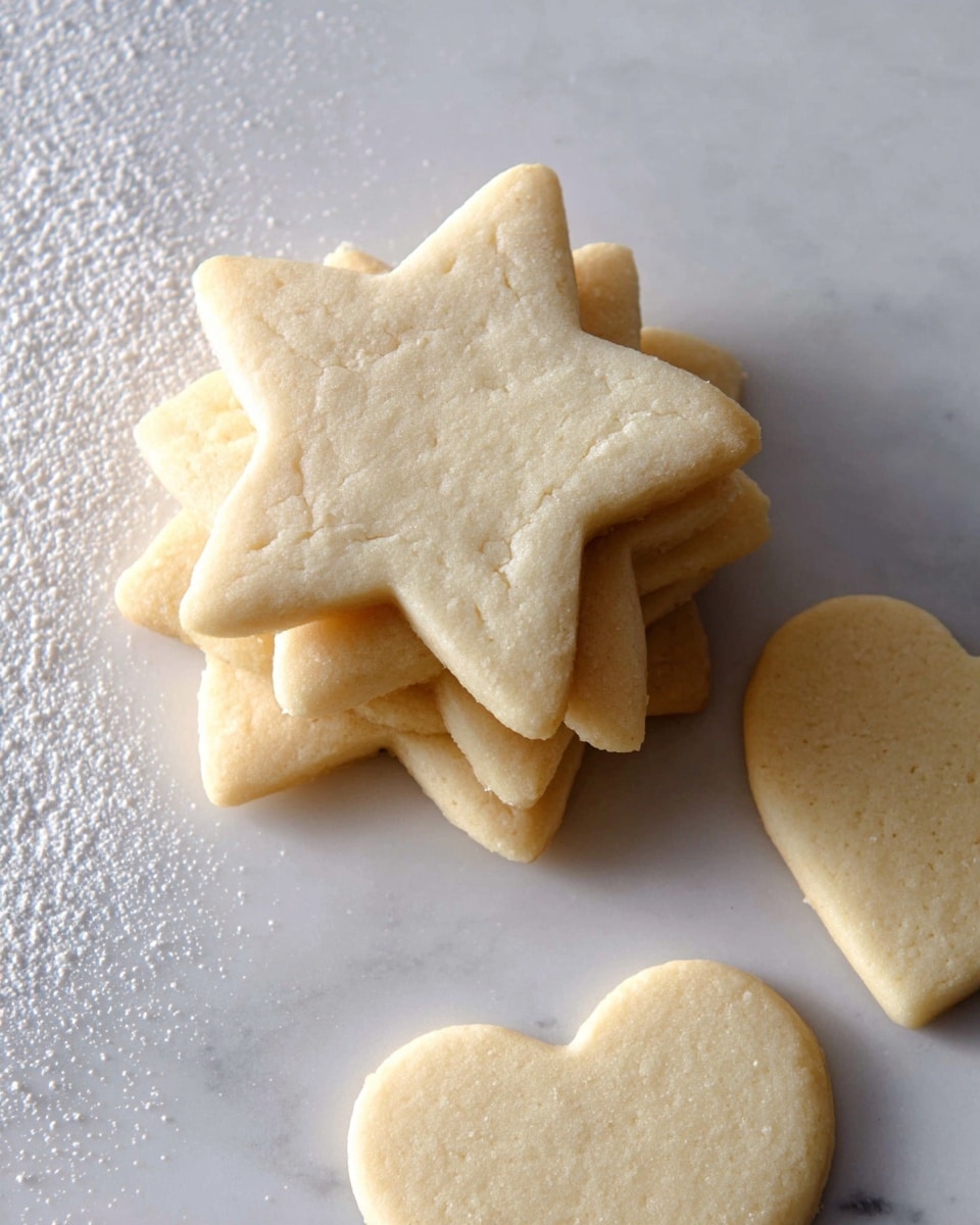 A stack of plain cookies shaped like stars and hearts is shown on a white marbled surface. The top layer has a large star-shaped cookie with a light, slightly cracked texture and a pale beige color. Below it, several other star-shaped cookies are partially visible, layered unevenly. To the top right, two heart-shaped cookies lie flat on the surface, matching the same pale beige tone and lightly textured look. On the left side of the image, a light dusting of white powdered sugar is scattered on the white marbled surface. Photo taken with an iphone --ar 4:5 --v 7