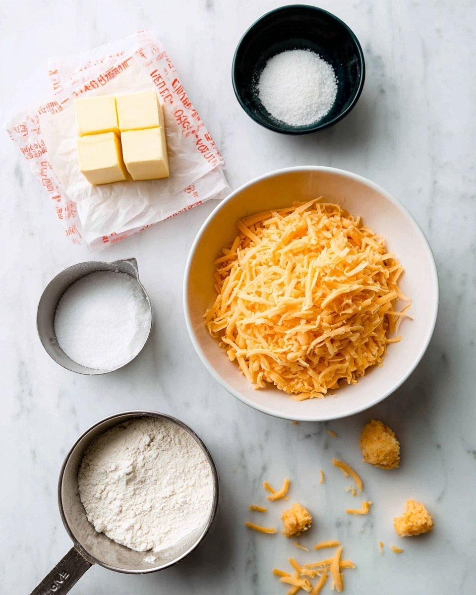 The image shows a white marbled surface with several baking ingredients arranged neatly. In the center, there is a white bowl filled with shredded orange cheddar cheese. To the top left, a stick of butter is unwrapped and cut into several square pieces. Above the cheese bowl, to the right, there is a small black bowl with a pile of white salt. Below the cheese bowl, to the left, there is a metal measuring cup filled with white flour, and next to it, a smaller metal bowl contains baking powder or soda. At the bottom right, there is an empty white bowl. Some small pieces of shredded cheese are scattered around the bowls. Photo taken with an iphone --ar 4:5 --v 7