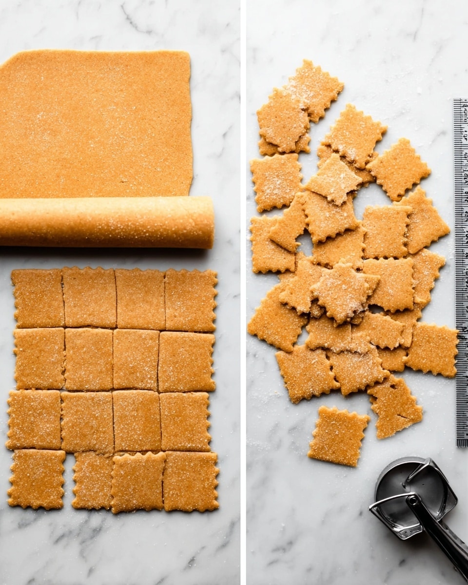 The image shows two stages of making square-shaped dough crackers on a white marbled surface. On the left, there are two large rolled-out flat layers of golden brown dough, each roughly square with smooth texture and slightly uneven edges, lightly dusted with flour. On the right, one of the dough layers is cut into many small, evenly sized square pieces with wavy edges, arranged neatly in the center with some scattered around. A metal ruler is placed vertically on the right edge, and a black pastry cutter is on the lower right corner on the white marbled surface. photo taken with an iphone --ar 4:5 --v 7