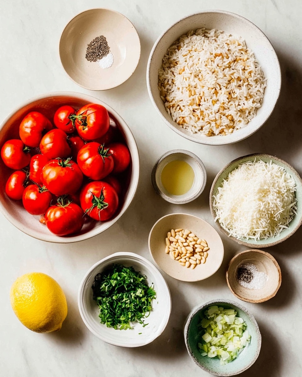 A group of white bowls and small dishes are laid out on a white marbled surface, each holding different ingredients. In the top left, there is a white bowl filled with bright red whole tomatoes with green stems. To the right is a larger white bowl filled with cooked rice mixed with some toasted bits. Below the rice bowl, there is a white bowl full of grated white cheese. To the right of it are two small beige dishes, one holding minced garlic and the other containing a light yellow liquid. Near the center is a bowl with chopped green herbs, surrounded by bowls holding finely chopped white onions, pine nuts, grated pale cheese, and a tiny bowl with salt and black pepper. A yellow lemon sits near the lower left corner of the arrangement. photo taken with an iphone --ar 4:5 --v 7