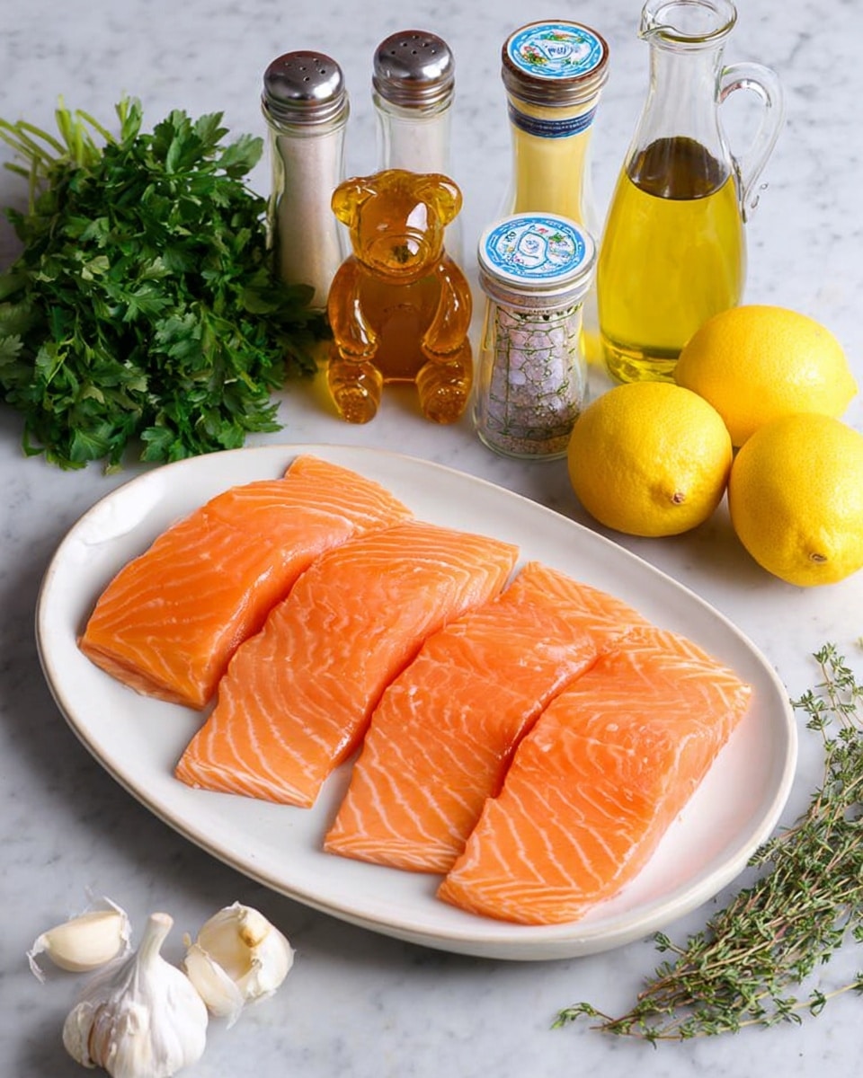 A white oval plate holds four raw salmon fillets arranged side by side, each showing bright orange flesh with light white lines of fat. The plate is on a white marbled surface. Behind the plate, there are glass bottles and jars in a row: a salt shaker, a pepper grinder, a bottle of honey shaped like a bear, a bottle of olive oil with a handle, and a jar of light yellow sauce with a blue and white lid. On the right side are two whole yellow lemons. On the left side of the plate, there is a bunch of green fresh herbs including parsley, rosemary, and thyme, along with two white garlic cloves. The photo taken with an iphone --ar 4:5 --v 7
