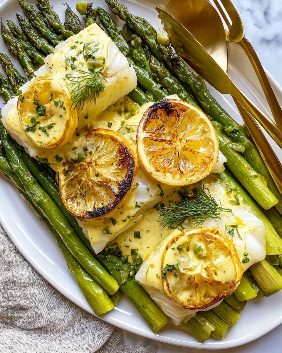 The image shows a white plate filled with green asparagus spears forming the base layer, arranged roughly parallel and spread out. On top of the asparagus, there are four rectangular pieces of white fish with a light yellow creamy sauce, sprinkled with green herbs. Two grilled lemon slices rest on the asparagus, one with a browned, caramelized edge placed near the fish, and another bright yellow slice slightly under a piece of fish. The fish pieces and lemon slices create a varied texture with soft, creamy, and slightly crispy burnt edges seen in parts of the image. The dish is placed on a white marbled surface, and a pair of golden serving utensils is partly visible near the top right. photo taken with an iphone --ar 4:5 --v 7