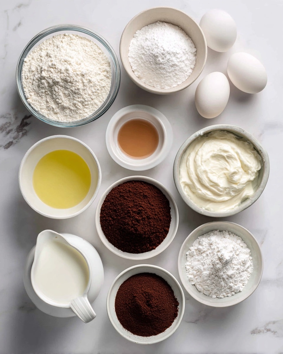 The image shows several clear glass bowls and two white measuring cups placed on a white marbled surface, each filled with different baking ingredients. Starting from the top left, there is a small bowl with white powder labeled as baking powder, baking soda, and salt. Below it is a larger bowl filled with white flour. To the right of that is a small bowl with light brown liquid vanilla. Further right is a larger bowl containing white sour cream. Beside it, there are two white eggs resting on the marbled surface. Below the eggs, there is a white measuring cup filled with white milk. On the bottom left, there is a white measuring cup filled with yellow vegetable oil. In the center bottom is a large bowl filled with white sugar. To the right of sugar is a small bowl holding dark espresso powder, and next to it is a larger bowl filled with dark brown cocoa powder. The overall layout is neat and the colors vary from white powders to dark brown powders with smooth, soft textures. Photo taken with an iphone --ar 4:5 --v 7