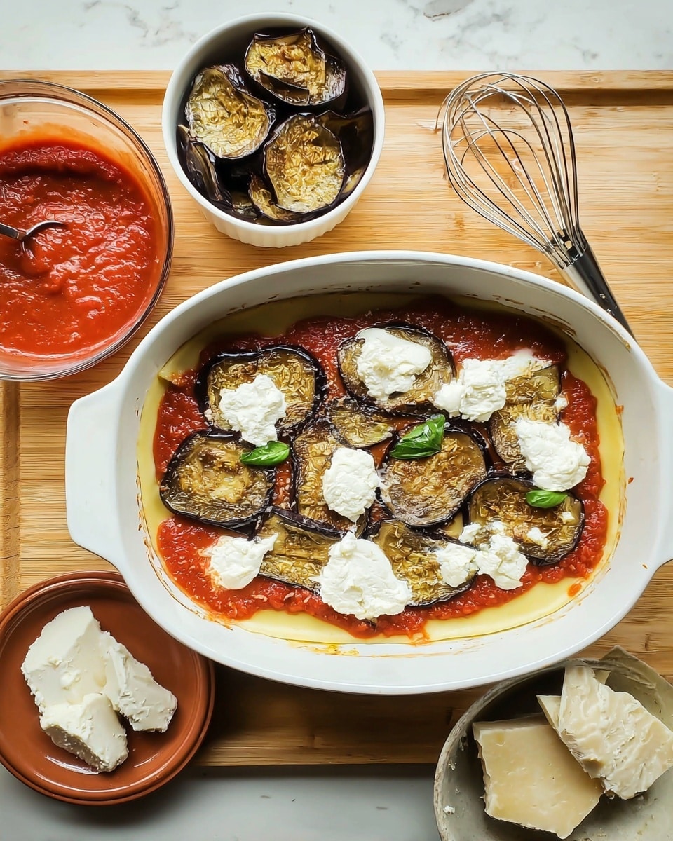 The image shows the start of a lasagna assembly in a white oval baking dish. The bottom layer is a pale yellow pasta sheet, topped with a bright red tomato sauce. On top of the sauce, there is a layer of roasted eggplant slices that are brown with a slightly glossy texture from cooking. Scattered unevenly over the eggplants are white dollops of soft cheese and some green basil leaves. Around the baking dish, there is a small white bowl filled with more roasted eggplant slices, a glass bowl with red tomato sauce and a black ladle resting on it, a small terracotta plate with torn pieces of soft white cheese, and a pot with a whisk resting inside it. All items rest on a light wooden surface, changed to a white marbled texture. The photo taken with an iphone --ar 4:5 --v 7