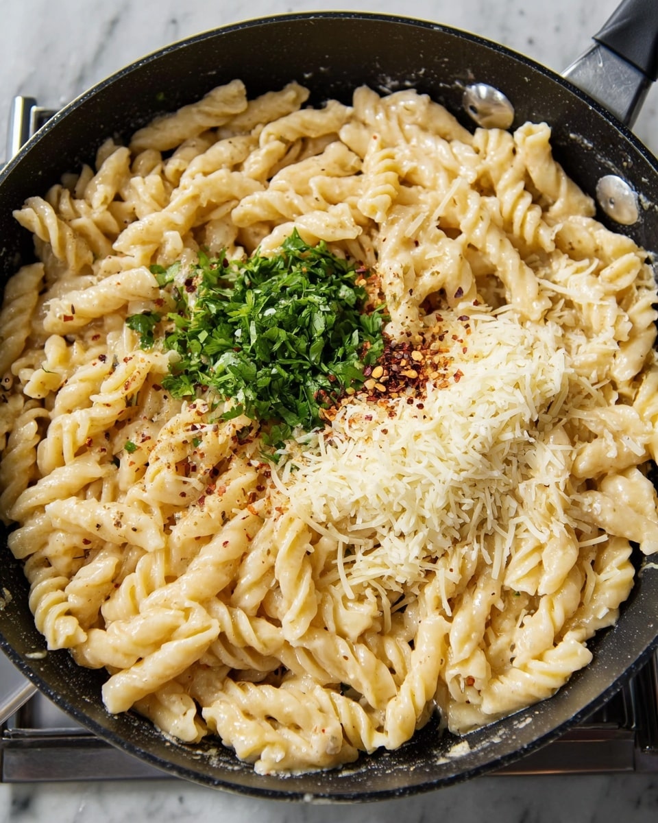 A black pan filled with soft twisted pasta of light cream color, cooked and slightly shiny with oil or butter. On top, there are details of a small pile of chopped fresh green herbs, a heap of fine white shredded cheese, some ground black pepper scattered over the pasta, and a pinch of red chili flakes near the herbs, all sitting neatly together in the middle of the pan. The black pan contrasts with the smooth white marbled surface underneath. photo taken with an iphone --ar 4:5 --v 7