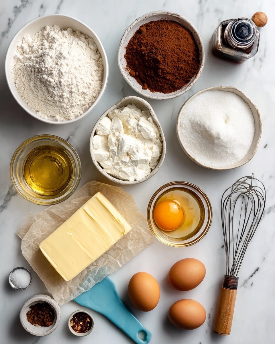 The image shows a baking setup on a white marbled surface with various ingredients arranged neatly. At the top left, a white bowl is filled with white flour, next to it on the right is a round white bowl with brown sugar, and below that is a smaller white bowl filled with cocoa powder. To the right of the cocoa powder is a white bowl with white sugar. Below the sugar bowl is a glass measuring cup with golden oil. In the center bottom, a glass measuring cup holds white buttermilk, and to the left of it is a block of yellow butter on parchment paper with a blue spatula beside it. Two whole eggs, egg shells, and a small bowl with beaten orange yolk are placed on parchment paper at the bottom right. Near the center are small measuring spoons for salt and baking soda, a small jar of coffee, and a dark bottle of vanilla extract with a black cap. A metal whisk with a wooden handle lies on the top right. Photo taken with an iphone --ar 4:5 --v 7