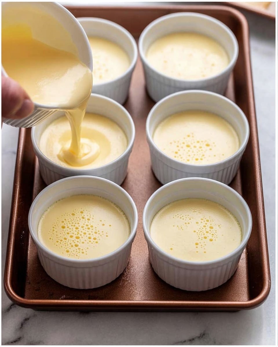 The image shows six small white ramekins placed in a brown baking tray on a white marbled surface. Each ramekin is filled with a smooth, pale yellow liquid custard with tiny bubbles on top, giving it a slightly frothy texture. In the left part of the image, a woman's hand pours more of the pale yellow liquid custard into one of the ramekins, showing a steady, creamy flow. The overall look is clean and simple, with the soft yellow custard contrasting against the white ramekins and warm tones of the baking tray. photo taken with an iphone --ar 4:5 --v 7