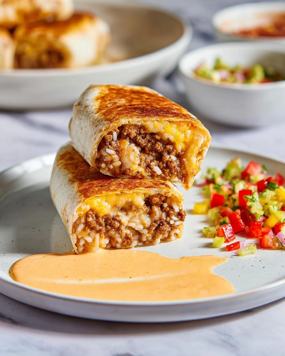 The image shows a white plate with two halves of a burrito stacked on top of each other in the center. The burrito has a golden-brown toasted outer layer with visible soft edges, while the inside reveals a mix of rice, melted cheese, and ground meat in warm brown and creamy yellow colors. To the right side of the plate, there is a small pile of chopped red, green, and yellow vegetables that look fresh and diced. In front of the burrito on the plate, there is a pool of light orange sauce with a creamy texture. The background features a white marbled surface with blurred bowls containing more food and sauce. Photo taken with an iphone --ar 4:5 --v 7