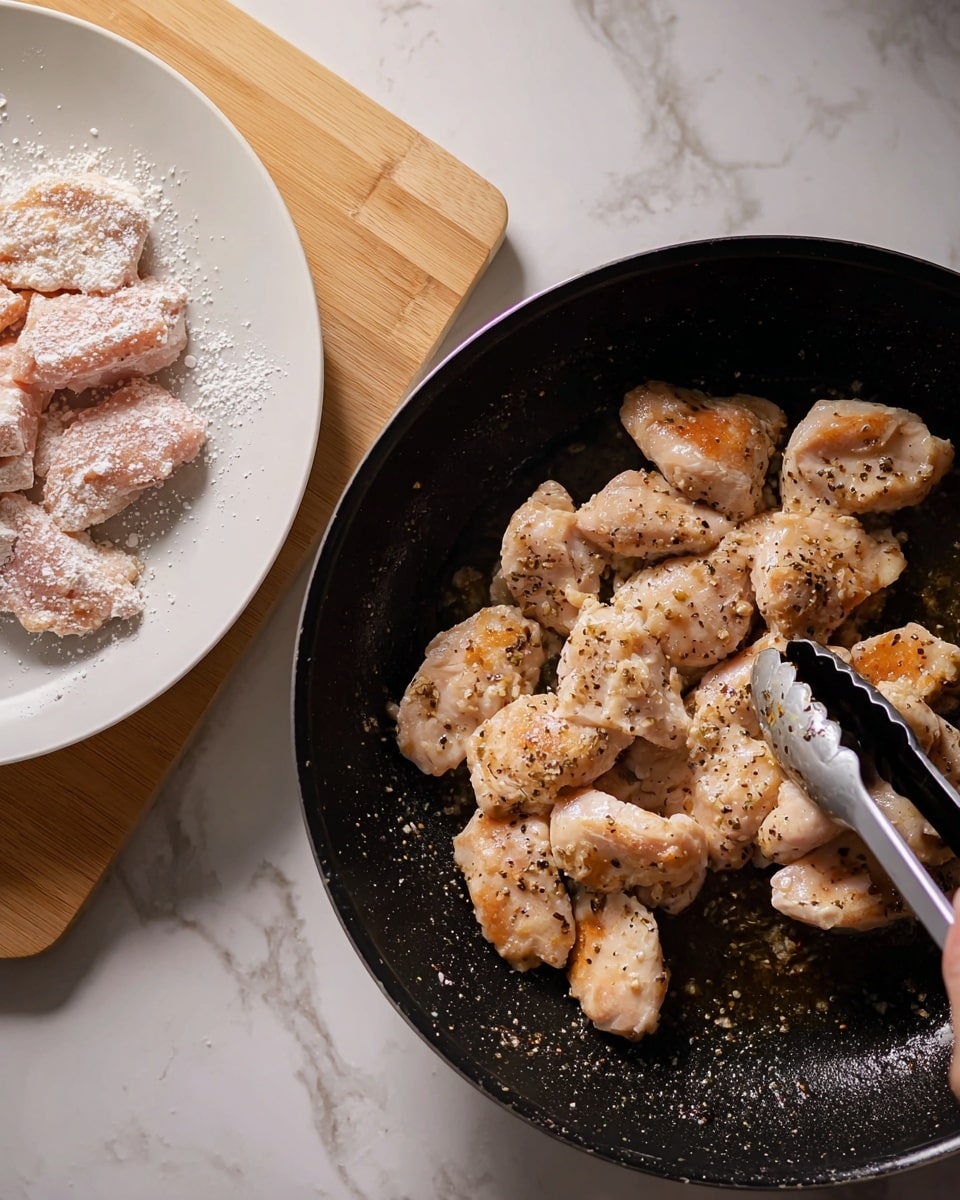 A white plate on a white marbled surface holds raw chicken pieces sprinkled with white flour and black pepper. Next to it, a black pan sits on a wooden surface, where golden brown and lightly cooked chicken pieces sizzle, with a woman's hand holding black tongs cooking them. The chicken pieces vary in size and have a slightly shiny texture from cooking. Photo taken with an iphone --ar 4:5 --v 7
