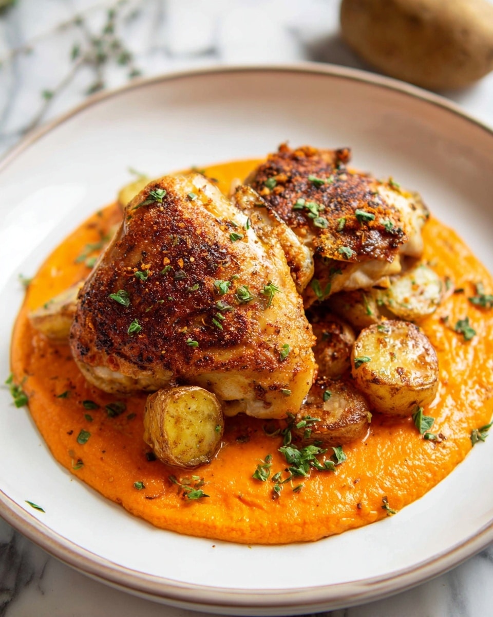 The dish shows two browned pieces of cooked chicken placed on a bed of orange creamy puree spread evenly over the white plate. Around the chicken, there are golden-brown roasted small potatoes partially sitting on the puree. A few small green herb pieces are sprinkled on top of the chicken and puree, adding a touch of color contrast. The plate is on a white marbled surface, with a piece of potato partly visible in the background. photo taken with an iphone --ar 4:5 --v 7