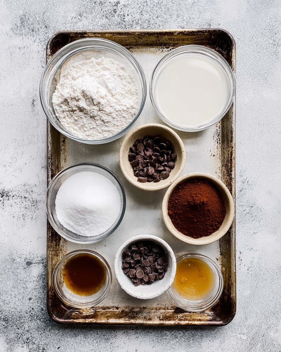 The image shows seven small bowls arranged on an old, worn baking tray placed on a white marbled surface. From left to right, the bowls contain white flour in a clear glass bowl, white powdered sugar in a small beige bowl, white liquid milk in another clear glass bowl, white granulated sugar in a white bowl, dark brown cocoa powder in a white bowl, dark brown chocolate chips in a small white bowl, and light brown vanilla extract in a tiny clear glass bowl. The bowls present a mix of dry and wet ingredients, each clearly separated in their individual containers, with the tray and the bowls showing some texture and signs of use. photo taken with an iphone --ar 4:5 --v 7