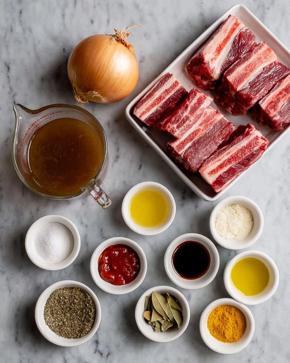 The image shows a collection of cooking ingredients arranged neatly on a white marbled surface. In the top right is a white tray filled with raw short ribs, red with white fat streaks. To the left of the tray is a whole onion with a light brown papery skin. Next to the onion is a glass measuring cup filled with brown broth. Below these, there are small white bowls each containing different spices or sauces: white powder, black pepper, minced garlic, dried herbs, bay leaves, dark soy sauce, red tomato paste, pale yellow mustard, bright yellow oil, white salt, and additional dried herbs. All items are clearly separated and organized in rows, displaying a variety of colors and textures. photo taken with an iphone --ar 4:5 --v 7