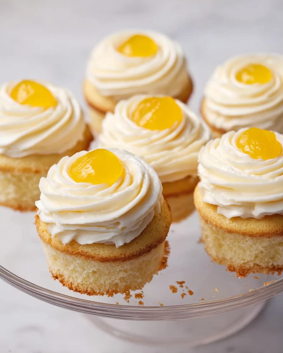 There are five cupcakes on a clear glass plate set on a white marbled surface. Each cupcake has a golden yellow base with a soft, moist texture. The top of each cupcake is covered by a thick layer of smooth, white cream swirled in a spiral pattern. In the center of each cream swirl, there is a dollop of bright yellow jelly, adding a glossy, jelly-like texture that contrasts with the creamy frosting. The cupcakes are close to each other, showing slight crumbs around their bases. photo taken with an iphone --ar 4:5 --v 7