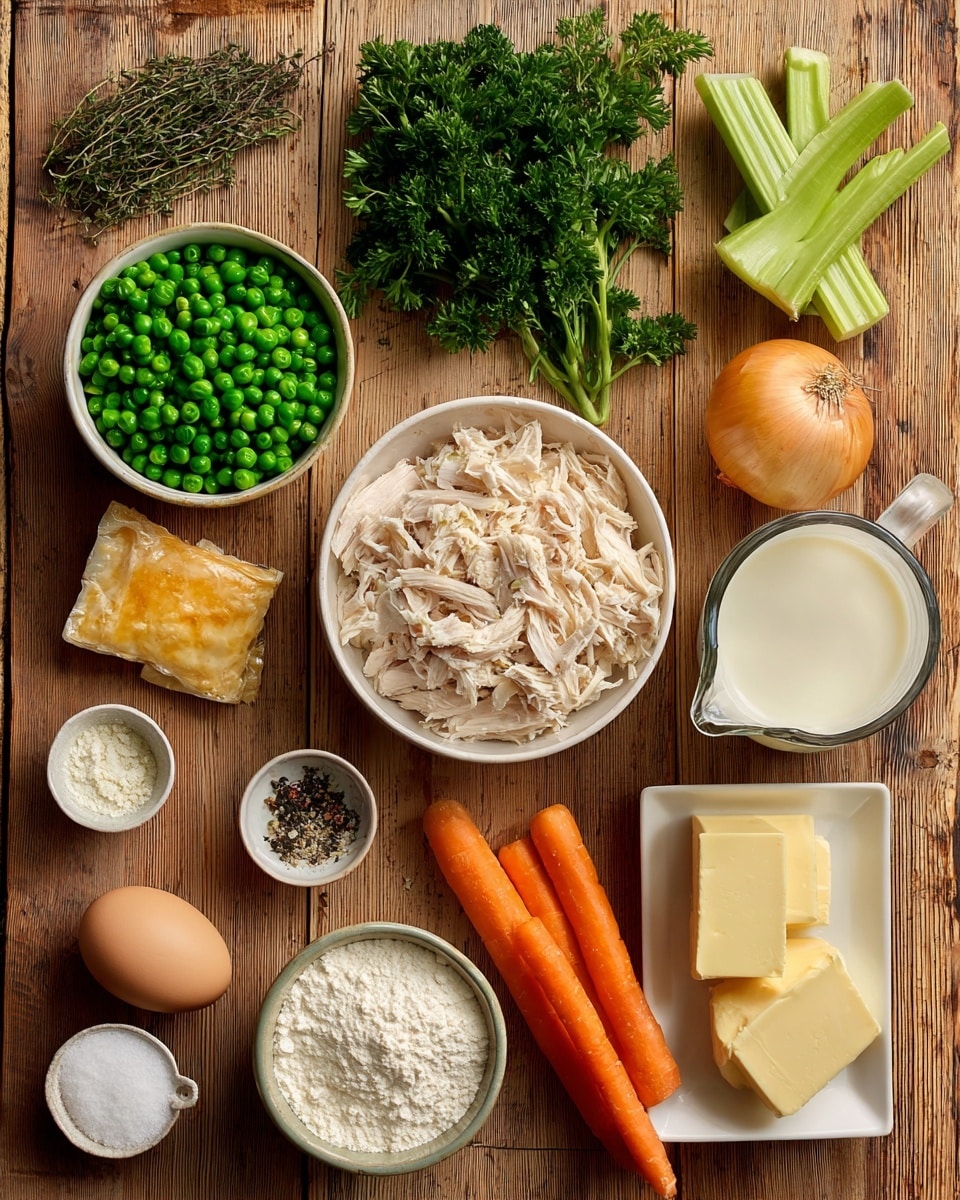A top-down view of various fresh ingredients arranged neatly on a wooden surface showing a bunch of green parsley at the top center, stems of celery on the top right, and two bright orange carrots just below the celery. Fresh thyme sprigs are on the left side near a whole yellow onion to the right of the thyme. Below the parsley and thyme is a white bowl filled with frozen green peas. In the middle, a white bowl holds shredded rotisserie chicken. To the right, a glass filled with white milk is placed next to three peeled sticks of pale yellow butter on a white rectangular dish. Below the chicken bowl, a white bowl with white flour, an egg, a small white bowl of salt, and a small container of black pepper are arranged. To the bottom left, a folded sheet of puff pastry and a clear glass jug of chicken broth complete the ingredients. All items are on a wooden surface with natural wood grain visible. Photo taken with an iphone --ar 4:5 --v 7