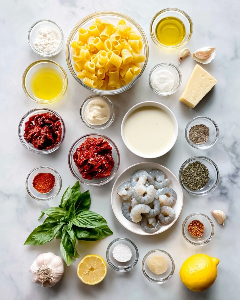 The image shows many small clear bowls and a few ingredients arranged neatly on a white marbled surface. At the top center is a bowl filled with yellow rigatoni pasta. To the left is a small bowl of light yellow chicken broth, and to the right is a bowl of white cream. Below the rigatoni on the left is a bowl of red sun-dried tomatoes, and to the right is a bowl of gray raw shrimp. Toward the middle is a slice of off-white parmesan cheese on a small white plate. Below that is a small bunch of bright green basil leaves and a bowl of clear golden olive oil. A yellow half lemon sits at the bottom left. Other tiny bowls filled with white flour, red chili flakes, tomato paste, salt and pepper mix, sweet paprika, garlic powder, and Italian seasoning are scattered around. There is also a few cloves of pink garlic and a small bowl of pale butter. Everything is spaced evenly and labeled with black text. Photo taken with an iphone --ar 4:5 --v 7