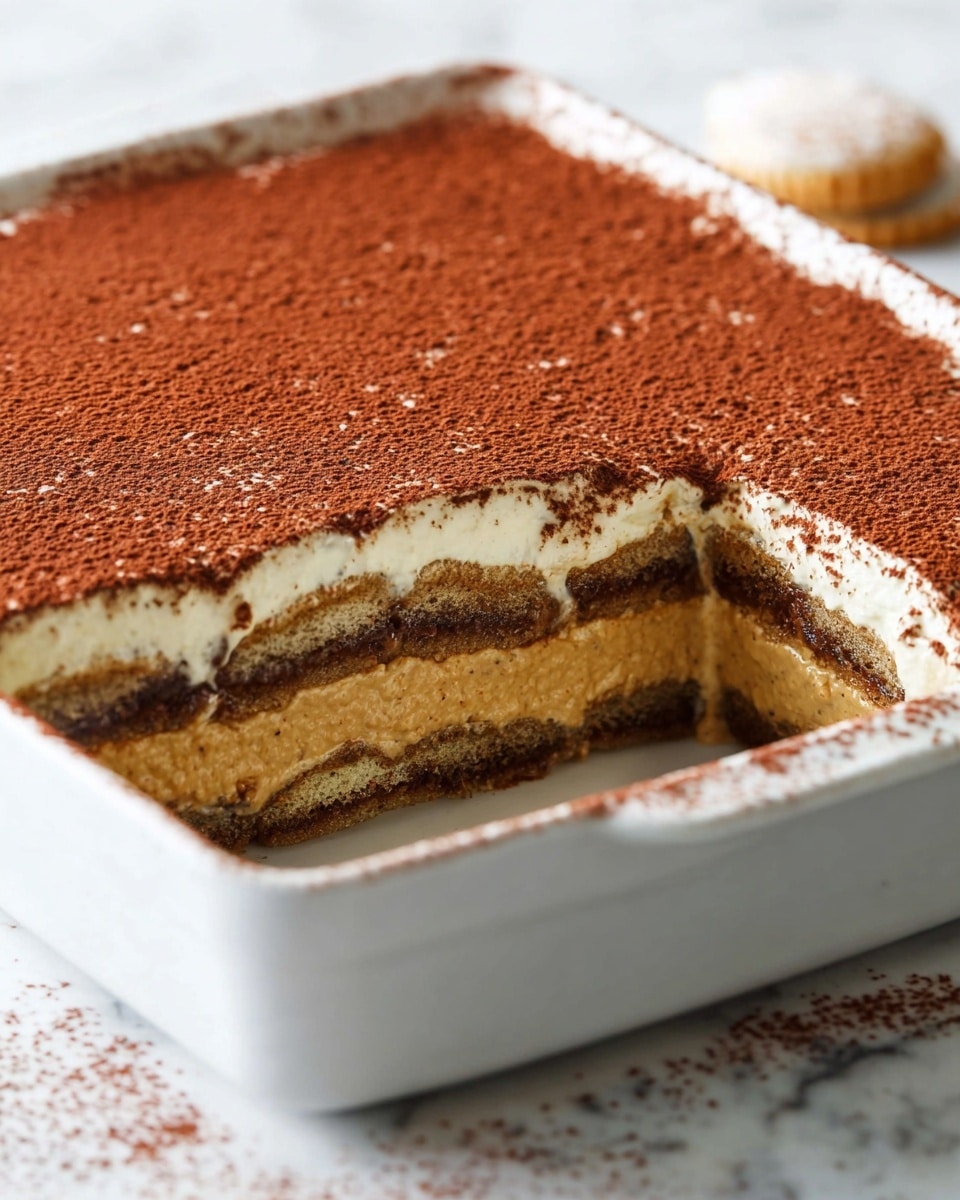 The image shows a square white ceramic dish with a layered dessert inside, positioned on a white marbled texture. The dessert has four visible layers: the bottom and third layers are dark soaked ladyfinger biscuits, and the second and top layers are a smooth, creamy light brown pumpkin filling. The dessert's top is covered with a thin layer of fine cocoa powder dusted evenly across the surface. A slice has been removed from the dessert, revealing the distinct layers and texture. Photo taken with an iphone --ar 4:5 --v 7
