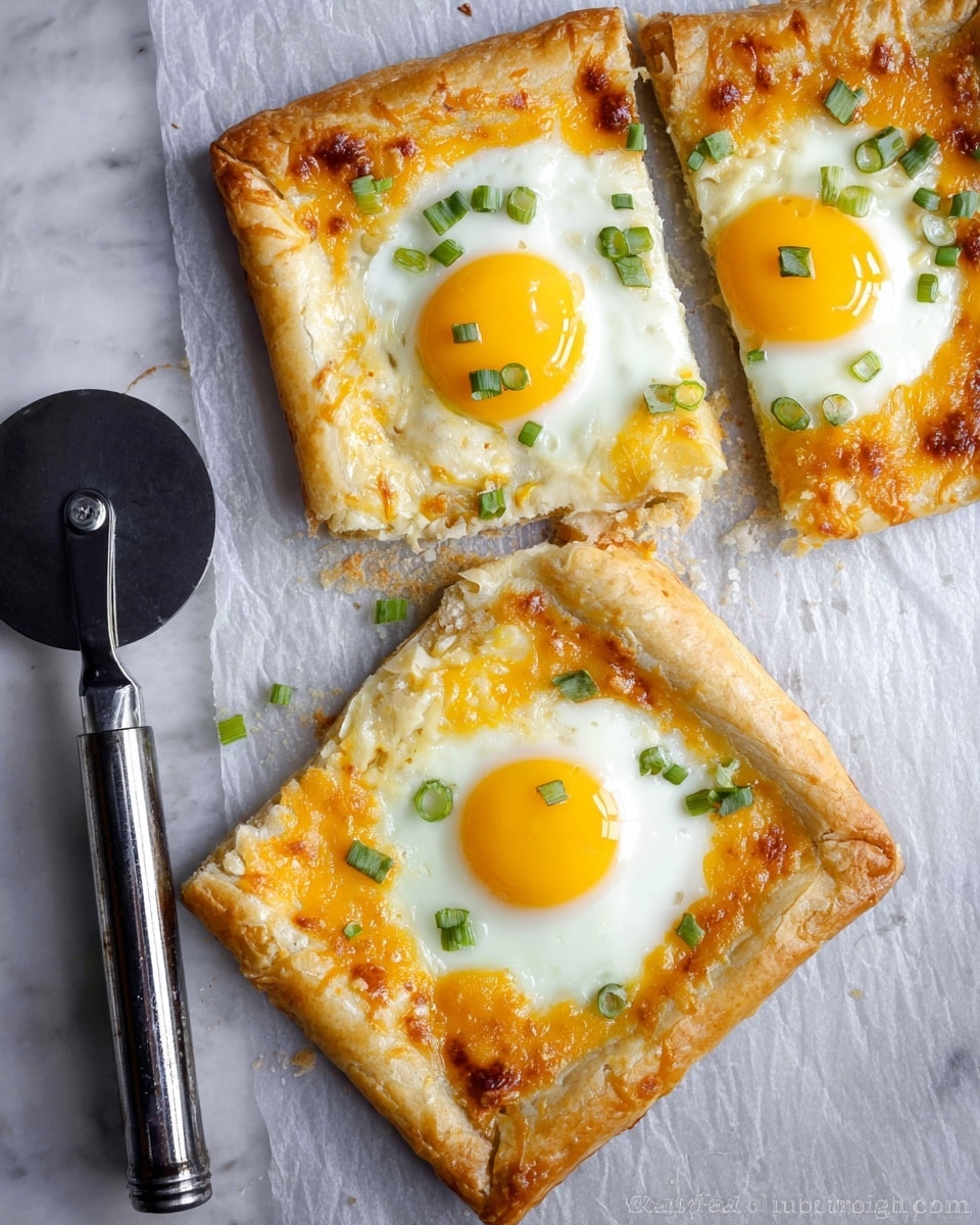 The image shows three square pieces of a puff pastry-topped dish with a golden-brown crust. Each piece has a sunny-side-up egg placed in the center, with bright yellow yolks and smooth white egg whites surrounding them. Around the eggs, there is a layer of melted cheddar cheese with an orange and slightly crispy texture. Small green onion pieces are scattered evenly on top of the cheese, adding a touch of green. These pieces are placed on a white marbled textured surface with a metal pizza cutter with a black handle lying next to the pastry squares. Photo taken with an iphone --ar 4:5 --v 7