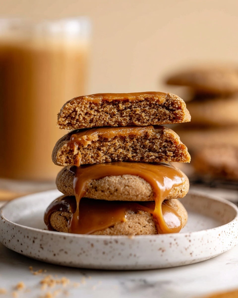 The image shows a stack of four round cookies placed on a white plate with small speckles. The bottom two cookies have smooth, glossy caramel sauce dripping over their edges, adding a shiny texture and warm brown color that contrasts with the cookies' matte, rough texture. The top two cookies are halved and stacked on each other, showing a soft and crumbly interior with a light brown color. The background features a blurred glass of caramel-colored drink and a white marbled surface, giving the scene a cozy and warm feel. photo taken with an iphone --ar 4:5 --v 7