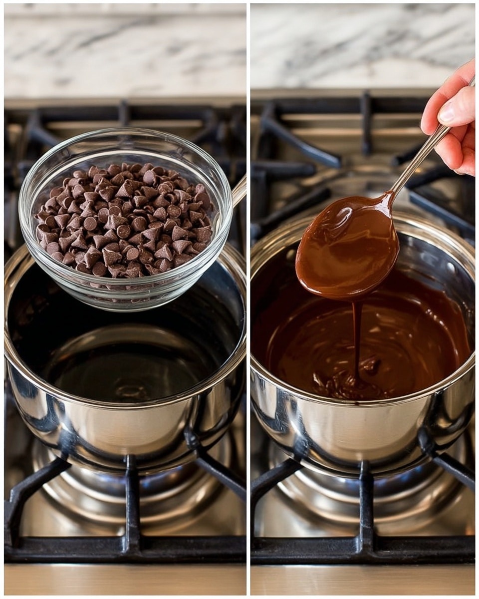 There are two images side by side showing chocolate melting on a stove. The left image shows a clear glass bowl full of dark brown chocolate chips resting on top of a black pot with hot water inside, placed on a silver stove with black grates. The right image shows the same glass bowl now filled with smooth, melted chocolate being stirred with a silver spoon held by a woman's hand. The stove and pot below remain the same, and the background is a white marbled texture. photo taken with an iphone --ar 4:5 --v 7