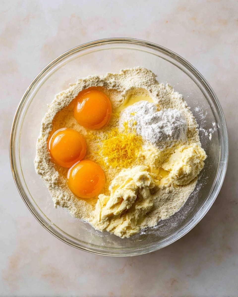 A clear glass bowl sits on a white marbled surface, containing baking ingredients before mixing. Inside, there are three raw whole eggs with bright orange yolks placed unevenly across the bowl. Around the eggs, there are small mounds of white flour and pale yellow softened butter spread in clumps, with a slight cream-like texture visible on one side. In the center, a small pile of yellow lemon zest is scattered, adding a touch of bright color. The ingredients are separate and not yet mixed, showing different textures like powder, smooth butter, and glossy egg yolks. photo taken with an iphone --ar 4:5 --v 7