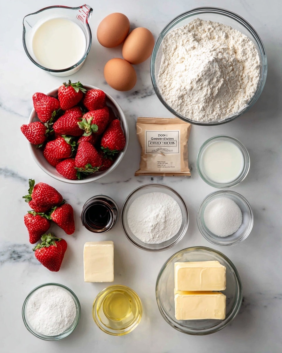 The image shows a collection of ingredients on a white marbled surface, each labeled with black and white text. There is a clear glass bowl filled with white flour at the top right and a glass measuring cup with white buttermilk at the top left. Below the flour, a white bowl holds bright red strawberries with green leaves. To the left of the strawberries is a small glass bowl with white sugar. Three brown eggs lie below the sugar, next to a dark brown vanilla extract bottle. Close to the eggs is a beige packet labeled gelatin. Below the gelatin is a small glass bowl with white powdered sugar. To the right of the strawberries is a small glass cup holding a pale yellow cooking oil. Below the oil is a rectangle stick of yellow butter. Near the butter and powdered sugar are two small glass bowls with white baking powder and salt. At the bottom right is a glass measuring cup filled with white heavy cream. The colors are soft and natural, with each item neatly arranged. Photo taken with an iphone --ar 4:5 --v 7