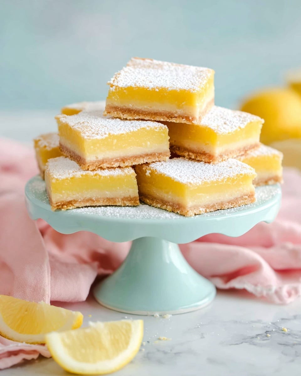 A light blue cake stand holds a pile of lemon bars, each bar showing two clear layers: a pale yellow, smooth lemon filling on top, and a thin, light brown crust beneath. The lemon bars are dusted with white powdered sugar, giving a soft textured look on the top layer. The cake stand is set on a white marbled surface with a soft pink cloth draped nearby and some lemon pieces scattered around in the background. The light is soft and natural, highlighting the bright yellow of the lemon filling. photo taken with an iphone --ar 4:5 --v 7
