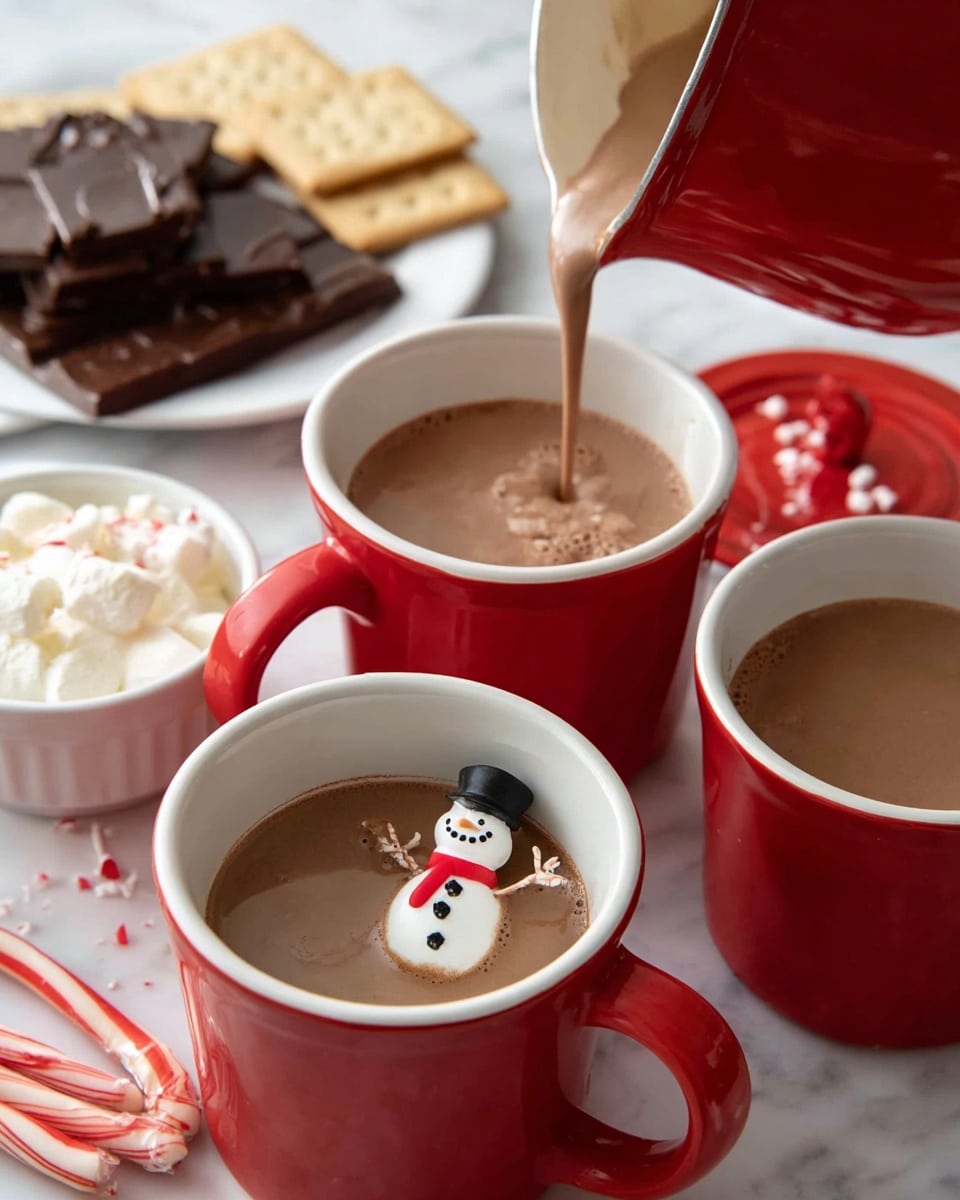 Three red mugs with white inside are filled with light brown hot chocolate. One mug in the front has a small snowman figure inside, partially covered by the hot chocolate being poured from a red pot. Behind the mugs, there is a dark chocolate bar broken into pieces on a white marbled surface, a bowl of white whipped cream, and a plate with crackers. Two red and white striped candy canes and some crushed candy canes are also visible on the side. The photo is taken with an iphone --ar 4:5 --v 7