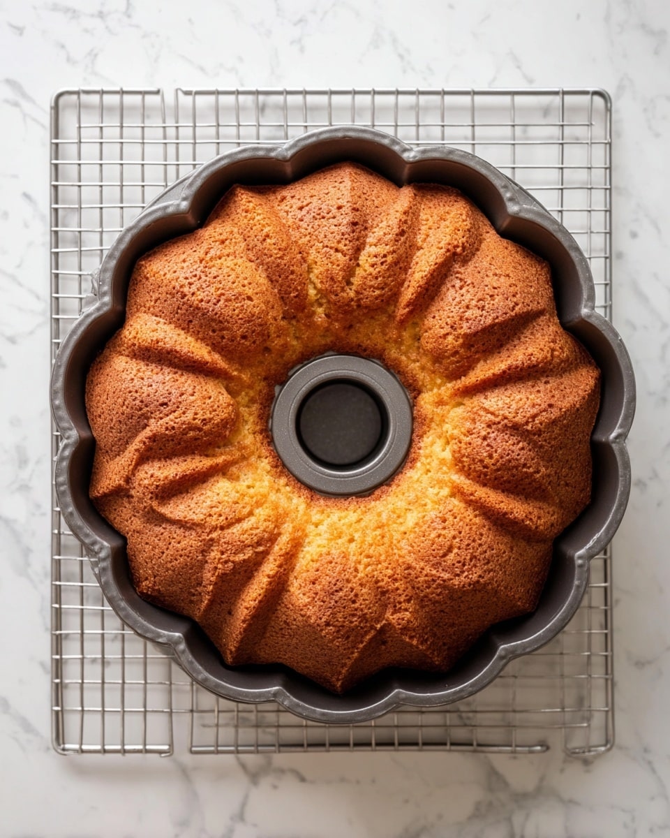 A golden-brown bundt cake sits in a dark gray bundt pan with scalloped edges and a circular hole in the center. The cake has a slightly uneven but well-risen top with a textured, crispy crust that looks slightly darker around the ridges. The pan is placed on a square wire cooling rack, which rests on a white marbled surface. The photo is taken from directly above, showing the full shape and texture of the cake. photo taken with an iphone --ar 4:5 --v 7