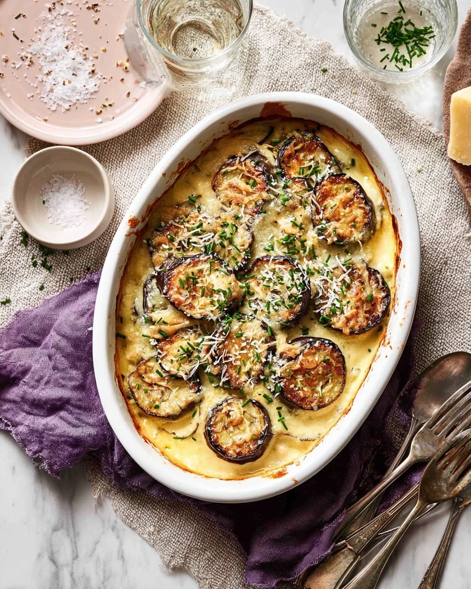 This image shows a white oval baking dish filled with creamy yellow sauce at the bottom. On top, there are two layers of round, golden brown grilled slices of eggplant, some with a slight char on the edges. The eggplants are sprinkled with finely chopped green chives and white grated cheese. The dish is placed on a soft, textured beige cloth on a white marbled surface. Around the dish, there is a small white bowl with table salt, a pale pink plate with grated cheese and a wedge of cheese, a glass of clear water, and some silver cutlery resting on a purple cloth. photo taken with an iphone --ar 4:5 --v 7