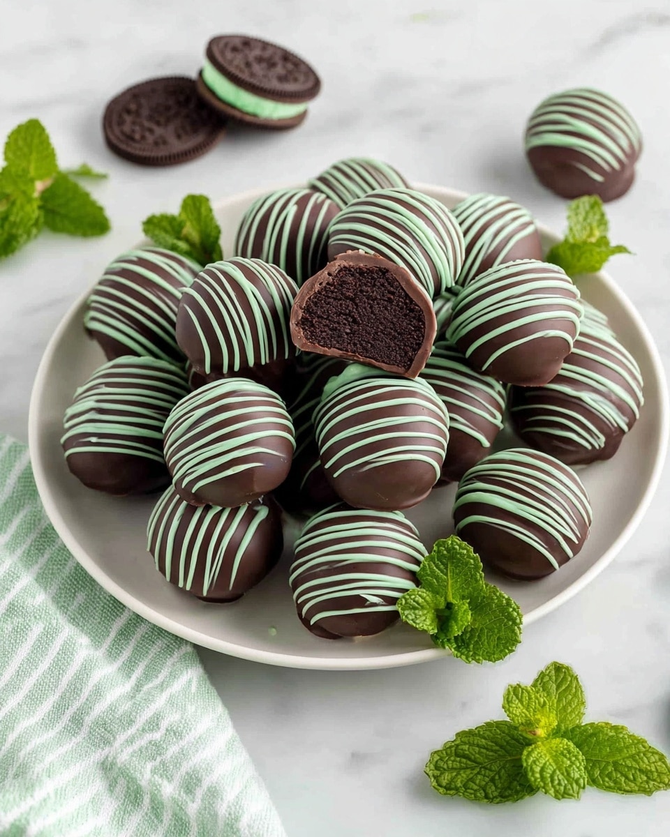 A white plate holds about twenty round chocolate truffles, each covered in smooth dark chocolate and decorated with thin, light green stripes across the top. One truffle is cut in half, showing a dense dark chocolate inside. Around the plate are several whole and split chocolate sandwich cookies with a bright green cream inside. Fresh green mint leaves are placed near the plate and cookies. The setting is on a white marbled surface, with a light green and white striped cloth partially visible at the bottom left corner. photo taken with an iphone --ar 4:5 --v 7