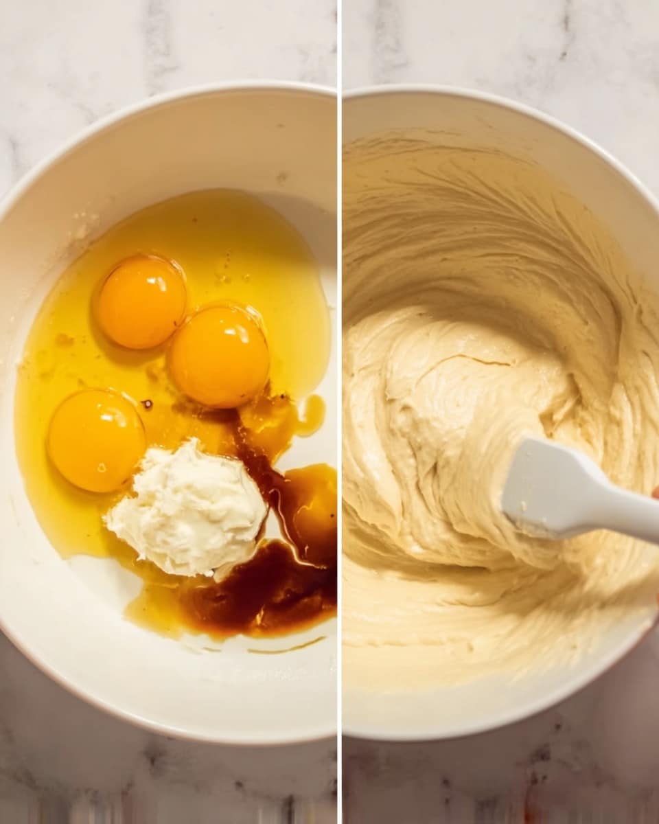 The image is split into two parts, both showing a white bowl with thick cream mixture inside. On the left side, the bowl contains three egg yolks with a rich yellow color, thick white cream, dark brown vanilla extract, and a small dollop of white butter on top of the mixture. On the right side, the same white bowl is shown from above, filled with a smooth, light cream-colored batter being mixed with a white spatula that has a woman's hand holding it. The background is a white marbled surface, and the scene is bright and clear. photo taken with an iphone --ar 4:5 --v 7