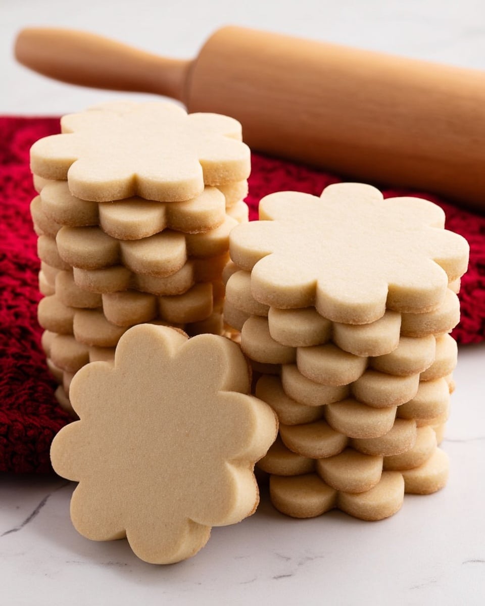 Three tall stacks of flower-shaped cookies stand on a white marbled surface, each cookie light beige with smooth edges and a soft texture. Each stack has about seven cookies, showing the thin layers clearly stacked on top of one another. Behind the stacks, a wooden rolling pin and a red textured cloth provide a warm background contrast. The overall look is neat, simple, and inviting, highlighting the uniform shape and color of the cookies. photo taken with an iphone --ar 4:5 --v 7