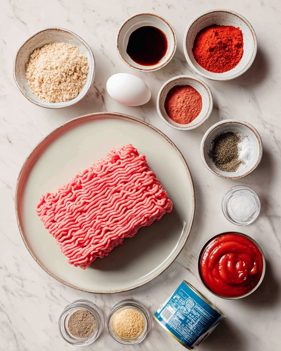 The image shows raw ground meat with a bright pink color and a textured pattern shaped into a rectangle, placed in the center of a plain white plate. Around the plate are small bowls and jars containing ingredients: light beige panko bread crumbs in a bowl at the top left, dark thick soy or Worcestershire sauce in a bowl at the top center, bright red paprika powder in a bowl at the top right, dark black pepper in a small bowl on the right middle, white salt in a bowl next to it, a single white egg near the salt, a blue can of chopped tomatoes on the bottom right, a bowl of dark red ketchup below the meat, a bowl with light brown ground spice on the bottom left, and two small jars labeled garlic granules and onion granules placed near the bottom left and upper middle. All items are arranged on a white marbled surface. Photo taken with an iphone --ar 4:5 --v 7