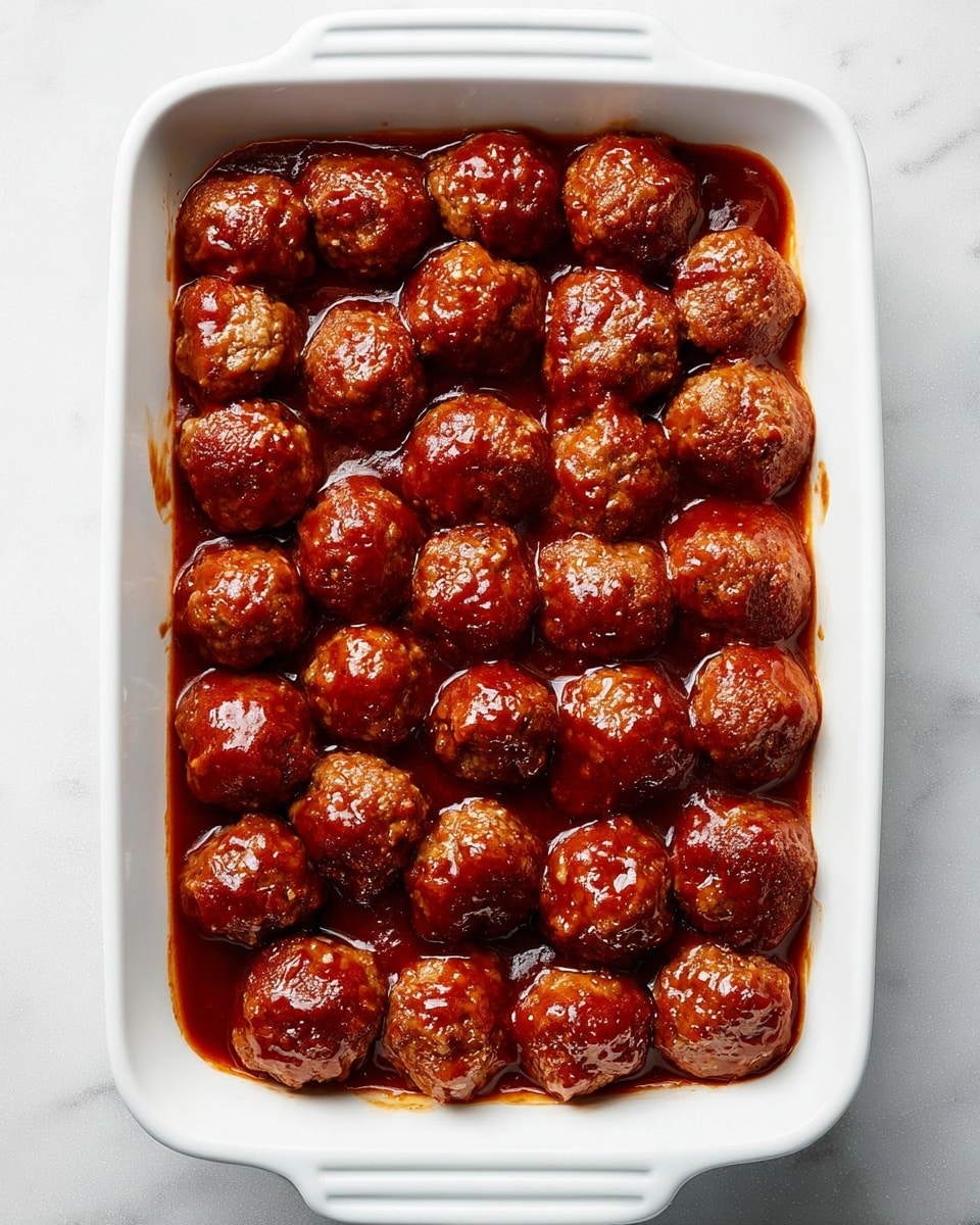 A white rectangular dish holds 27 small, round meatballs tightly packed in neat rows of 5 to 6 across. Each meatball is coated in a thick, shiny red-brown sauce that has a smooth, slightly sticky texture. The meatballs are evenly browned with some darker spots and are fully covered in the glaze. The surface beneath the dish is a white marbled texture, adding a clean, bright background. photo taken with an iphone --ar 4:5 --v 7