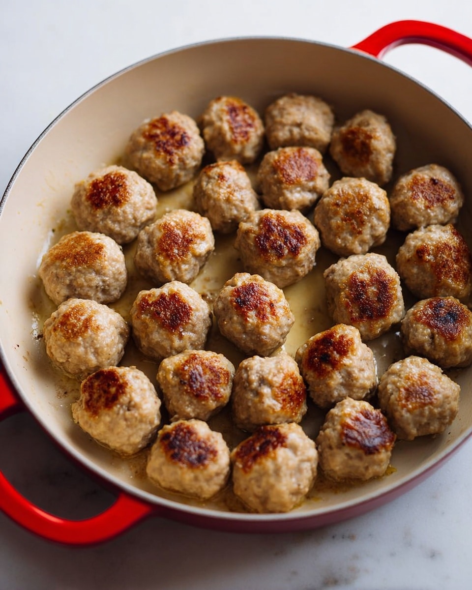 A round white pan with red handles holds about 25 small, browned meatballs spread across the surface. The meatballs are light brown with some darker golden spots indicating they are cooked on the outside, and the texture looks soft and slightly uneven. The pan is on a white marbled surface. Photo taken with an iphone --ar 4:5 --v 7
