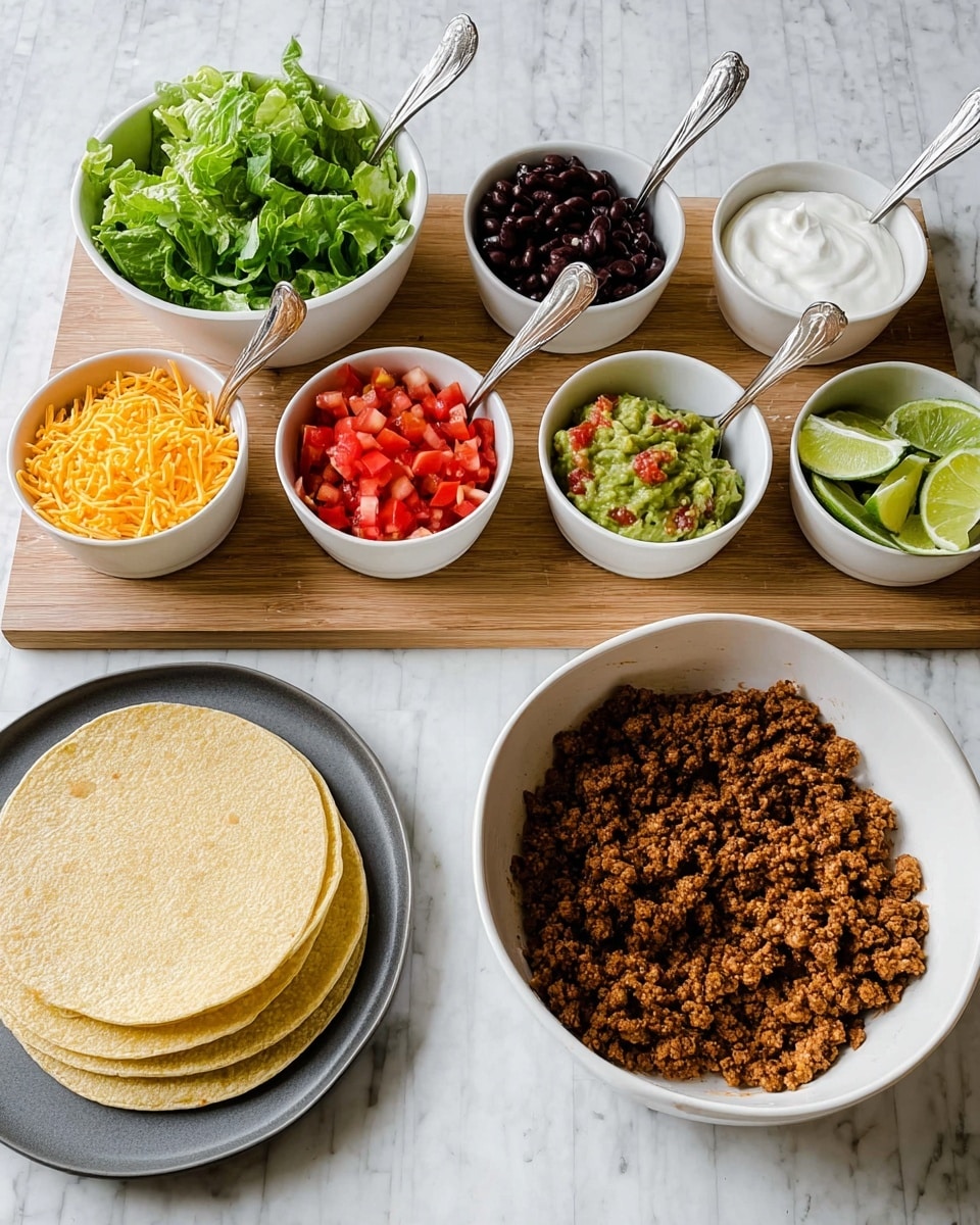 The image shows a taco setup on a white marbled surface with a white bowl filled with cooked ground beef on the right side and a stack of three light yellow soft tortillas on a dark gray plate to the left front. Behind these, there is a wooden board holding seven small white bowls, each with a silver spoon. From left to right, the bowls contain bright green fresh lettuce, shredded orange-yellow cheddar cheese, finely chopped red tomatoes, black beans, a brown chunky sauce, a green guacamole with red specks, white sour cream, and sliced green lime wedges. The bowls are neatly arranged in two rows on the wooden board with the lettuce bowl larger than the others. Photo taken with an iphone --ar 4:5 --v 7