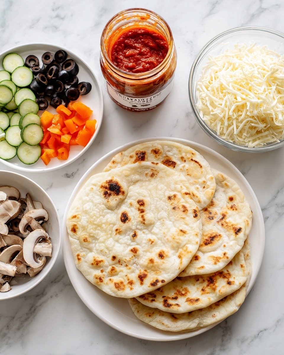 The image shows a white plate stacked with three round flatbreads that have brown toasted spots on their light beige surface, placed on a white marbled background. To the left, there is a glass jar of red pizza sauce with a white lid and label. Below the jar, a white plate holds several vegetable toppings arranged in sections: black olive slices, light green diced cucumbers, thinly sliced brown mushrooms, and small pieces of bright orange bell peppers. On the right side, a clear glass bowl is filled with shredded white cheese. The scene is evenly lit, presenting a clean, fresh setup. photo taken with an iphone --ar 4:5 --v 7