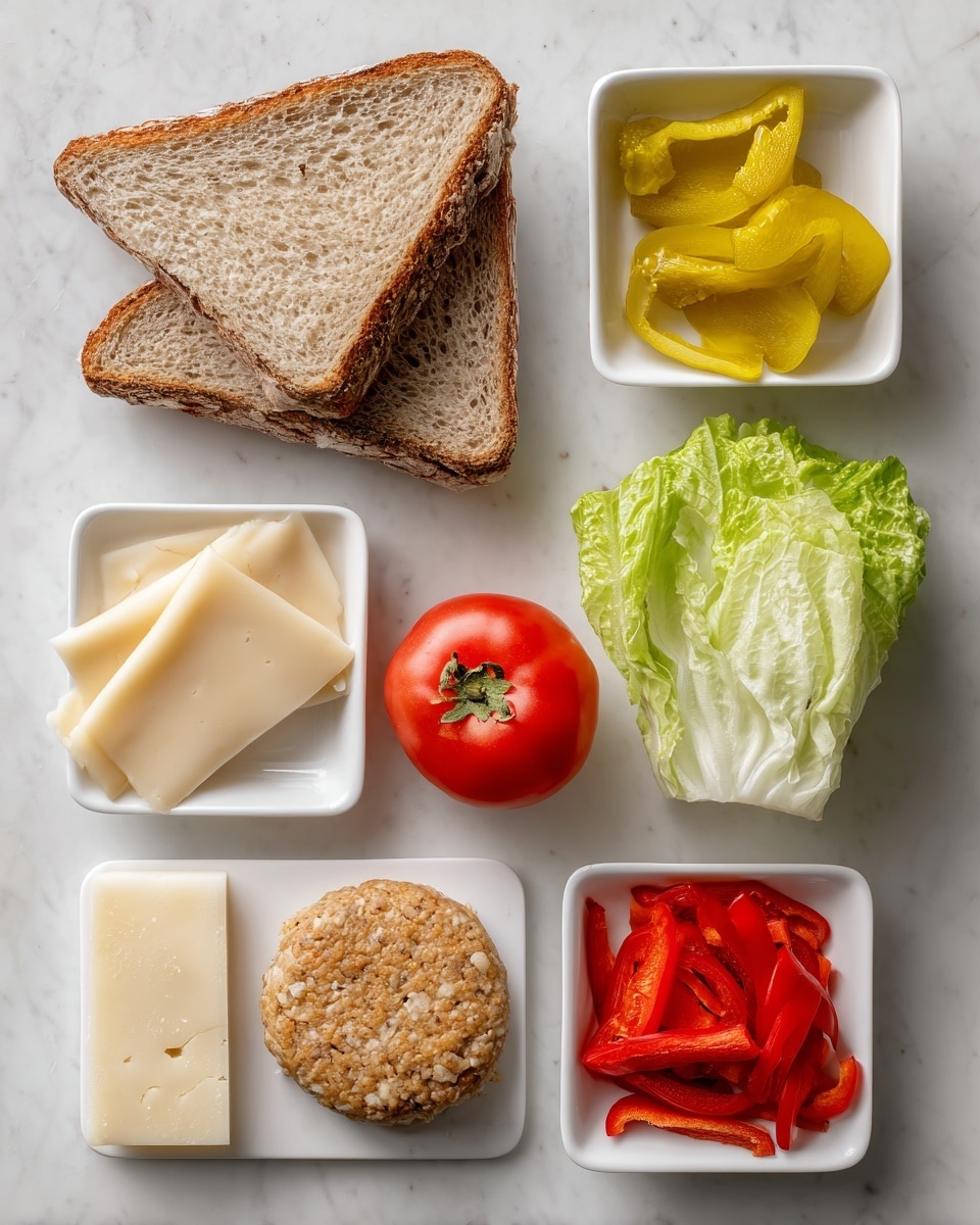 The image shows ingredients arranged on a white marbled surface in a neat layout: a triangular piece of bread with a brown crust is at the top left; next to it on the right is a small white square dish with yellow banana peppers. Below the bread is a small section of green iceberg lettuce with a crisp leafy texture, and beside it is a whole red tomato with smooth skin. To the right of the tomato are two slices of pale yellow cheese with a few holes, placed side by side. Below the cheese is a round protein patty with a textured, light brown crust. At the bottom left corner is a small wedge of hard pale yellow parmesan cheese. Near the protein patty is another small white square dish filled with sliced red peppers that look soft and shiny. The whole setup is clean and well arranged, showing each ingredient clearly. photo taken with an iphone --ar 4:5 --v 7