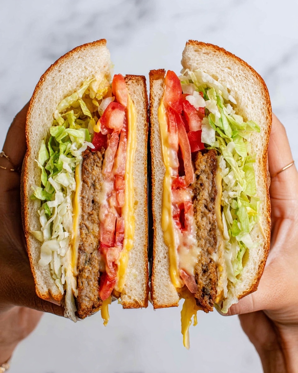A sandwich held by two woman's hands is shown in close-up, split into two halves. The sandwich has three main layers inside: the top soft white bread with a golden crust, followed by bright green shredded lettuce and red tomato slices. Below the vegetables is a thick cooked patty with a slightly rough texture and brownish color. Melted yellow cheese drips slightly from the edges, resting on another slice of soft white bread with a golden crust at the bottom. The background is plain white marbled texture. Photo taken with an iphone --ar 4:5 --v 7