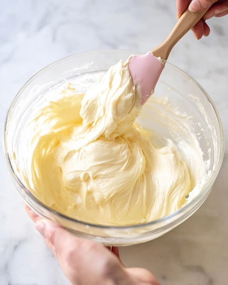 A transparent glass bowl sits on a white marbled surface, filled with creamy, smooth, pale yellow mixture being stirred by a pink spatula with a wooden handle. The creamy mixture has soft waves and folds, showing a thick, fluffy texture. A woman's hand holds the bowl steady from the bottom right corner, while the spatula is lifting some of the mixture, creating a sense of motion. The background is softly blurred but maintains the white marbled texture. photo taken with an iphone --ar 4:5 --v 7