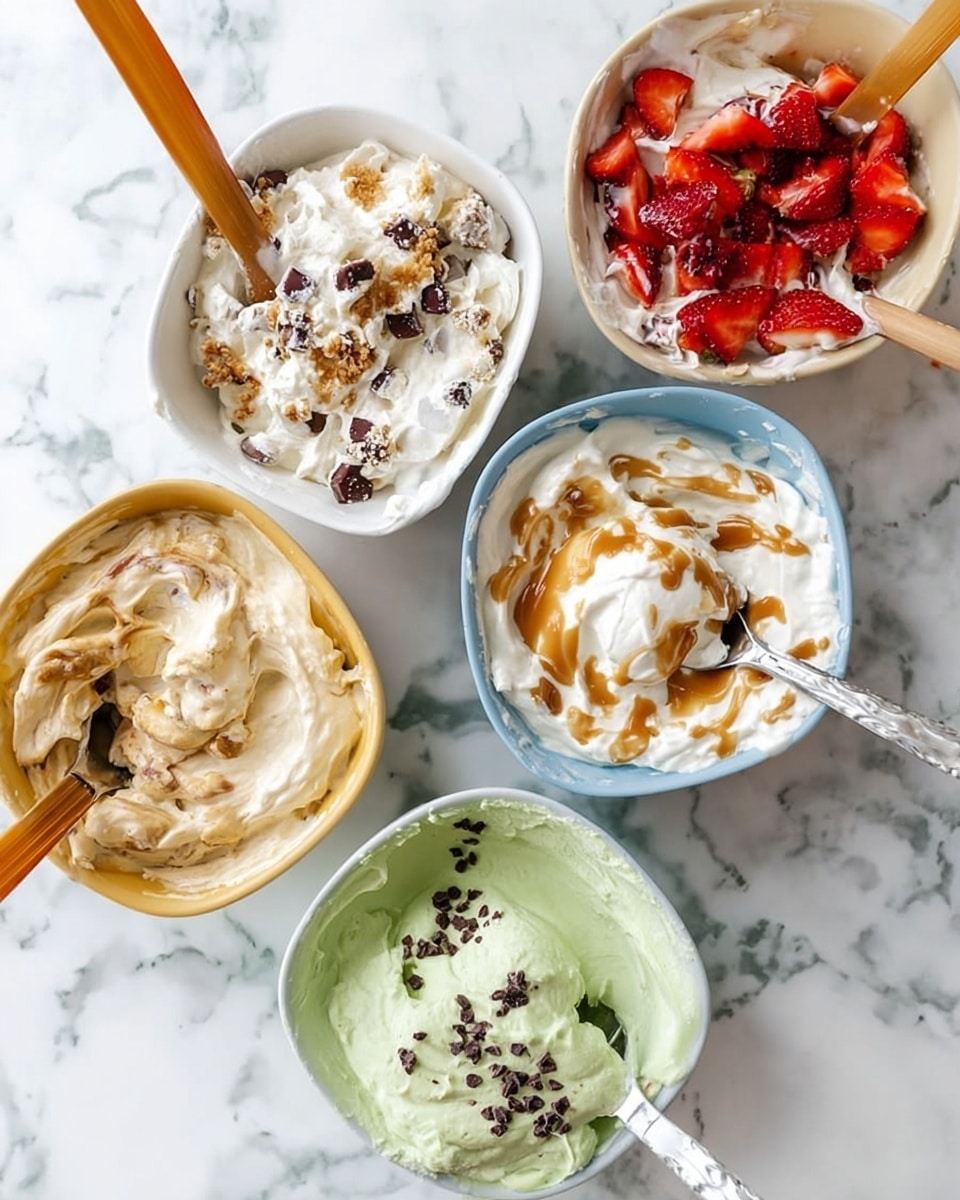 Five white square bowls are arranged on a white marbled surface, each filled with different creamy mixtures and toppings. The top left bowl has a creamy white base mixed with crushed brown pieces and small dark chunks, topped with a dollop of cream. The top right bowl contains a creamy white mixture with sliced red strawberries and a few black specks, with a wooden spoon in it. The middle left bowl holds a creamy mixture swirled with light brown spoonfuls, with a wooden spoon resting inside. The middle right bowl features a pale green creamy base sprinkled with small dark brown chips, with a silver spoon ready to scoop. The bottom bowl presents a white creamy layer topped with a generous amount of caramel sauce, with a silver spoon inside. Photo taken with an iphone --ar 4:5 --v 7
