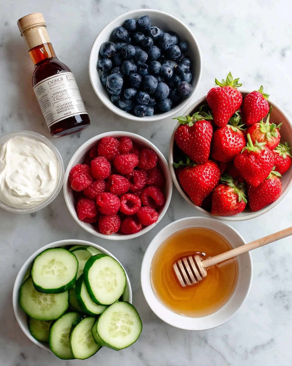 The image shows five white bowls and containers arranged on a white marbled surface. On the top left, a bottle of vanilla extract with a brown lid leans slightly to the side. Next to it, a round white bowl is full of dark blue blueberries. On the top right, a larger white bowl holds whole and sliced bright red strawberries with green stems. In the center, a smaller white bowl is packed with red raspberries. To the right of the raspberries, a white bowl contains amber-colored honey with a wooden honey dipper resting inside it. Below the honey bowl, multiple slices of cucumber are spread in a semi-circle. In the bottom left corner, a white container of Greek yogurt with a mostly white label and some beige details stands upright. photo taken with an iphone --ar 4:5 --v 7