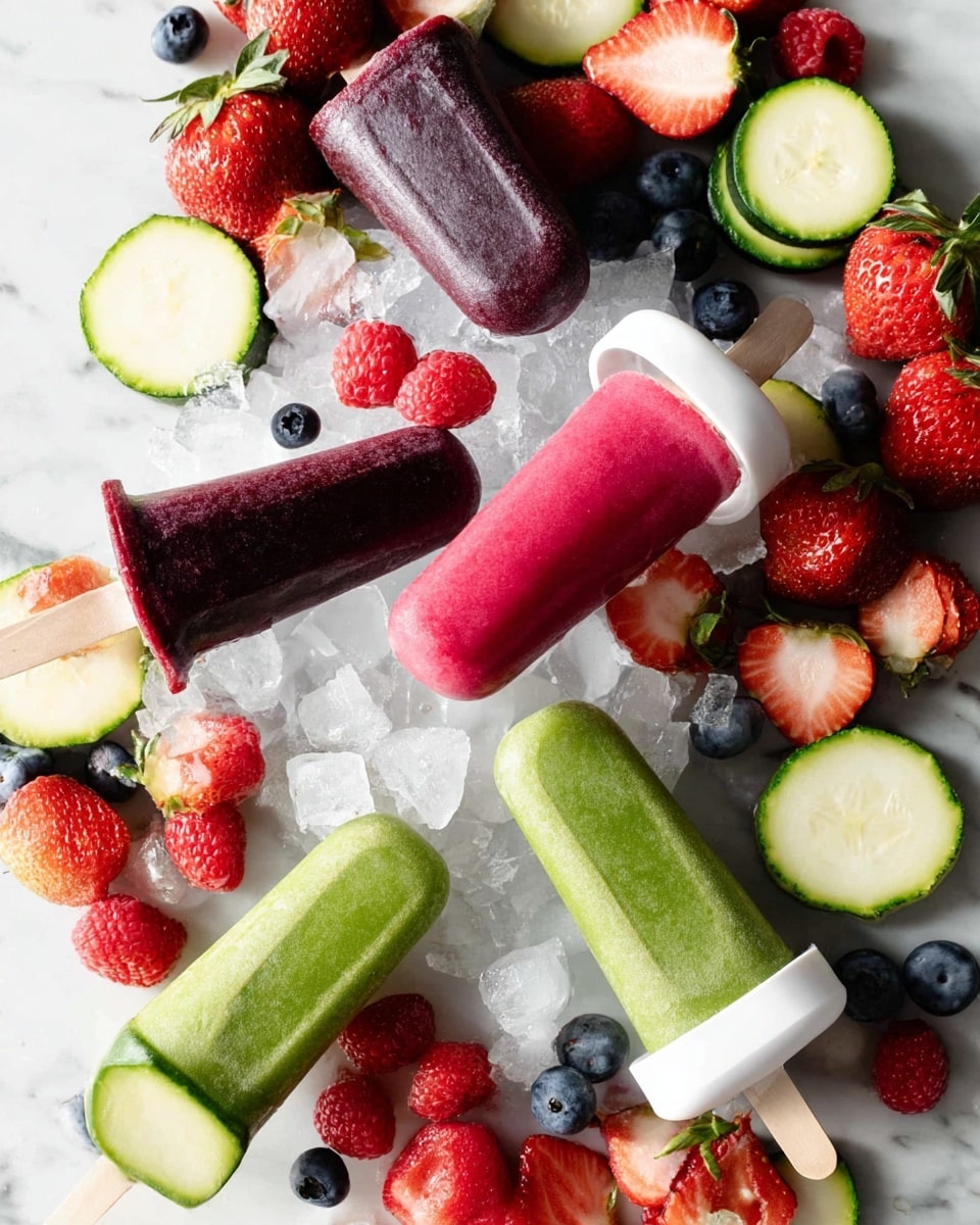 The image shows three types of popsicles placed on a bed of crushed ice. There are two green popsicles on the left side, smooth in texture and bright green in color. In the middle, two dark purple popsicles with a frosty texture are laying side by side. On the right side, there are two pink popsicles with a frosted surface, held by white plastic handles. Around the popsicles, fresh fruits are scattered, including red strawberries with green leaves, red raspberries, blue blueberries, and light green zucchini slices. The whole scene is set on a white marbled surface. Photo taken with an iphone --ar 4:5 --v 7