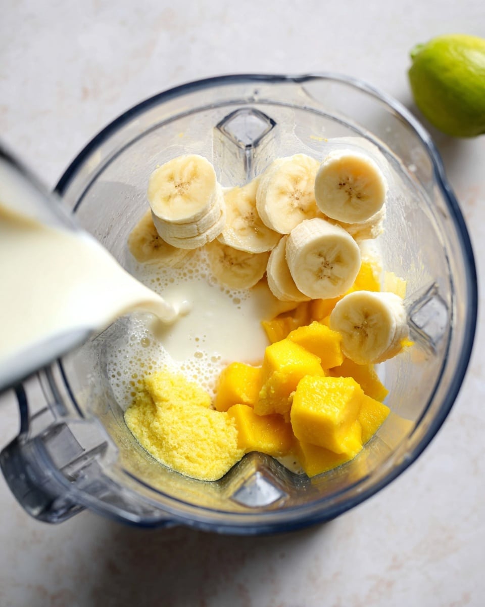 A close-up top view of a clear blender container filled with three layers of ingredients: the bottom layer has bright yellow frozen mango chunks with a rough icy texture, the middle layer shows thick creamy white liquid being poured in, and the top layer has six slices of pale yellow banana with smooth, soft texture arranged in a small pile. In the top right corner, there is half of a green lime. The blender is placed on a white marbled surface photo taken with an iphone --ar 4:5 --v 7